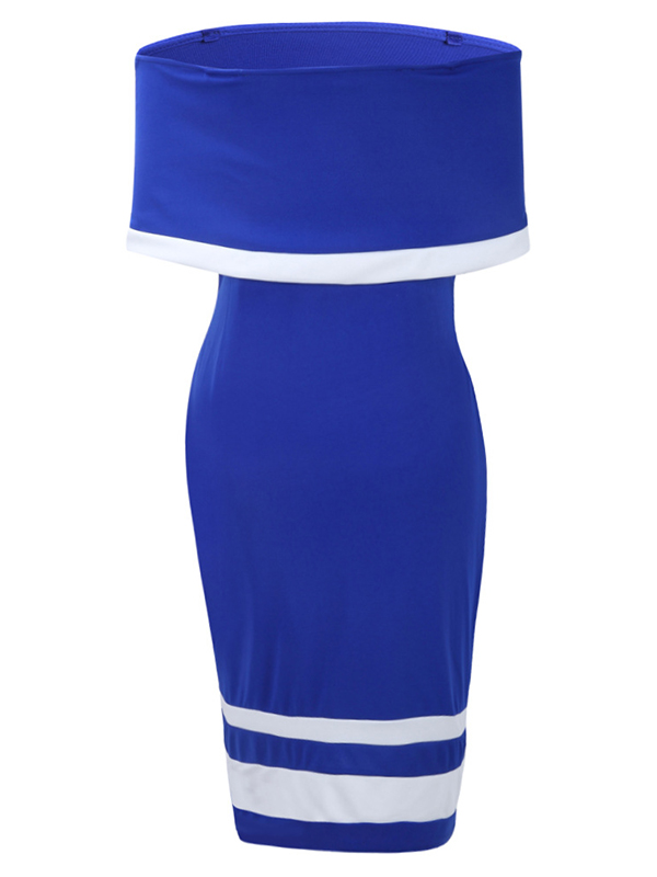 Euramerican Dew Shoulder Patchwork Blue Polyester Sheath Knee Length Dress