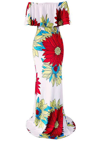 Euramerican Dew Shoulder Printed White Milk Fiber Mermaid Floor Length Dress