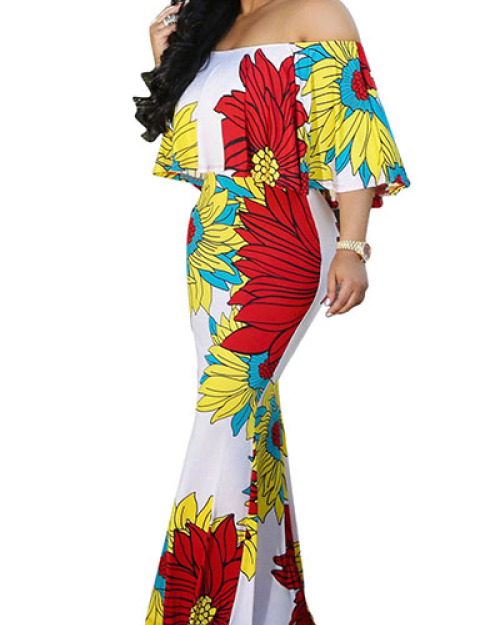 Euramerican Dew Shoulder Printed White Milk Fiber Mermaid Floor Length Dress Euramerican Dew Shoulder Printed White Milk Fiber Mermaid Floor Length Dress