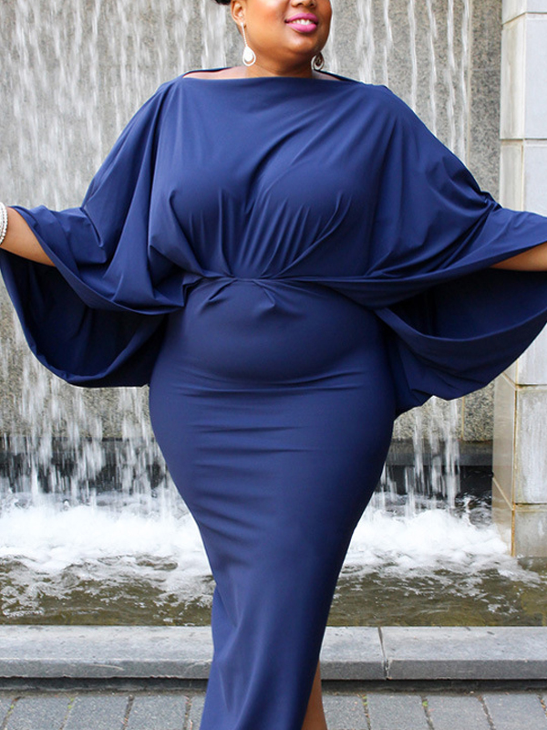 Euramerican Round Neck Hollow-out Blue Milk Fiber Ankle Length Dress