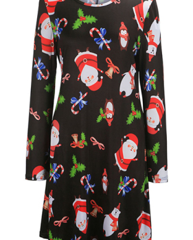 Euramerican Round Neck Long Sleeves Christmas Theme Printed Black Polyester Knee Length Dress Euramerican Round Neck Long Sleeves Christmas Theme Printed Black Polyester Knee Length Dress