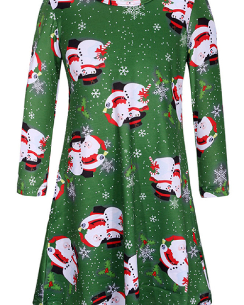 Euramerican Round Neck Long Sleeves Christmas Theme Printed Green Polyester Knee Length Dress Euramerican Round Neck Long Sleeves Christmas Theme Printed Green Polyester Knee Length Dress