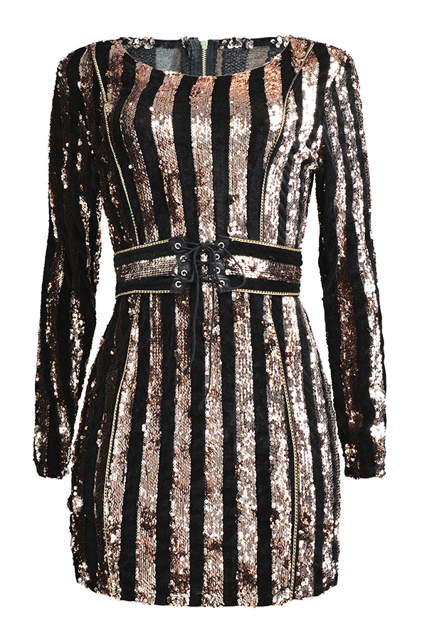 Euramerican Round Neck Sequined Decorative Striped Gold Polyester Mini Dress