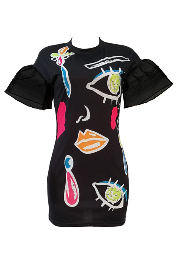 Euramerican Round Neck Short Sleeves Printed Black Polyester Sheath Mini Dress