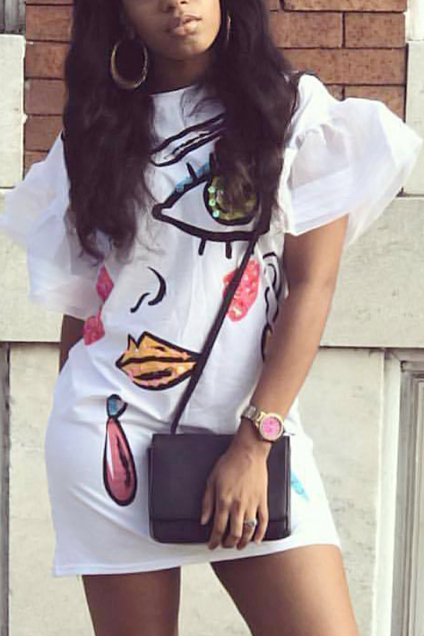 Euramerican Round Neck Short Sleeves Printed White Polyester Sheath Mini Dress