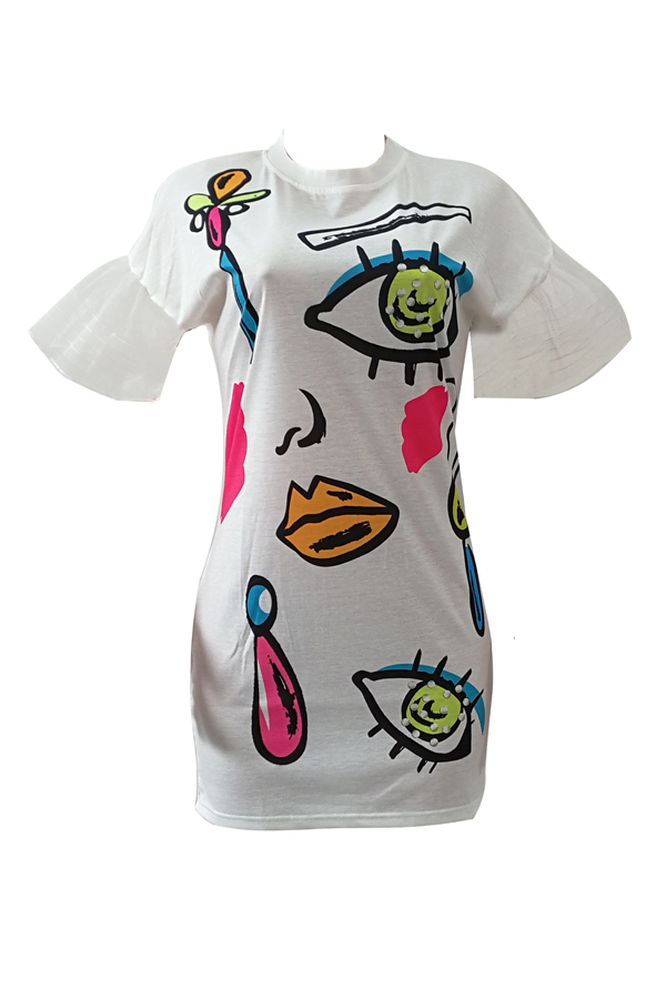 Euramerican Round Neck Short Sleeves Printed White Polyester Sheath Mini Dress