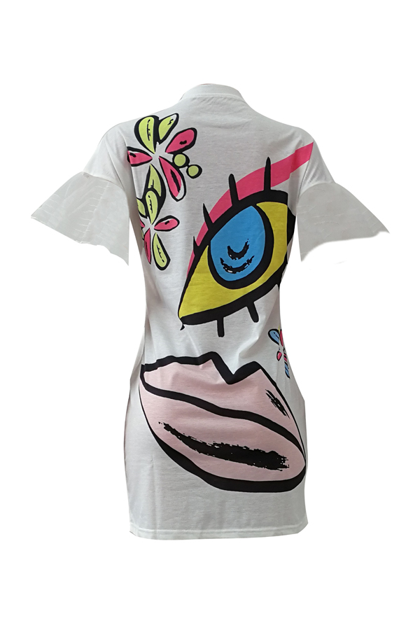 Euramerican Round Neck Short Sleeves Printed White Polyester Sheath Mini Dress