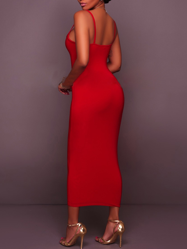 Euramerican Sleeveless Red Cotton Blend Sheath Mid Calf Dress