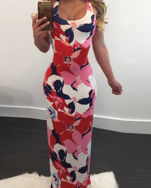 Euramerican U Neck Sleeveless Printed Red Qmilch Floor length Dress Euramerican U Neck Sleeveless Printed Red Qmilch Floor length Dress