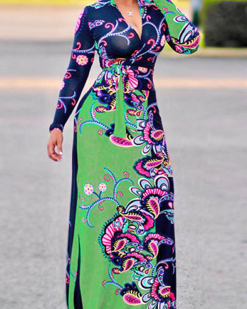 Euramerican V Neck Long Sleeves Floral Print Cotton Floor length Dress Euramerican V Neck Long Sleeves Floral Print Cotton Floor length Dress