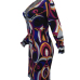 Euramerican V Neck Long Sleeves Printed Purple Polyester Knee Length Dress(Without Belt)