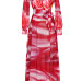 Euramerican V Neck Long Sleeves Printed Red Chiffon Floor Length Dress