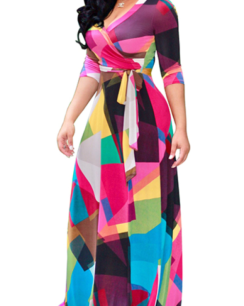 Euramerican V Neck Three Quarter Sleeves Digital Printing Healthy Fabric Floor Length Dress Euramerican V Neck Three Quarter Sleeves Digital Printing Healthy Fabric Floor Length Dress