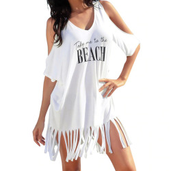 FEITONG casual 2018 ladies Party black White Summer Dress Womens Tassel Letters Print Baggy Beach Dress