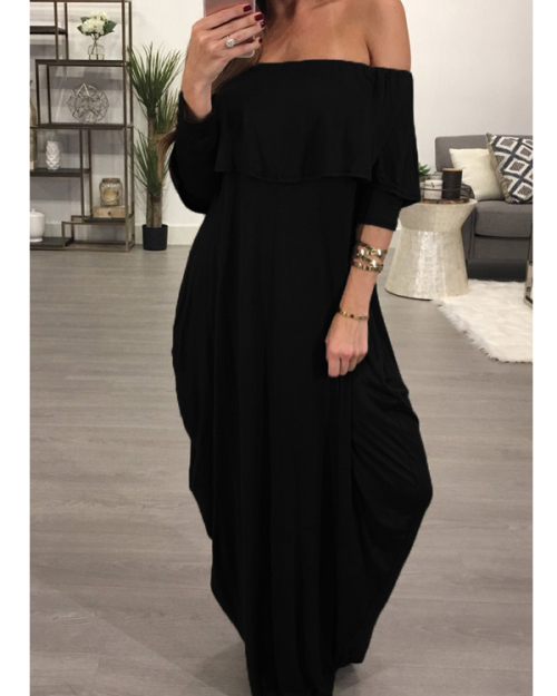 Fashion Dew Shoulder Falbala Design Black Cotton Blend Ankle Length Dress Fashion Dew Shoulder Falbala Design Black Cotton Blend Ankle Length Dress