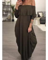 Fashion Dew Shoulder Falbala Design Grey-green Cotton Blend Ankle Length Dress