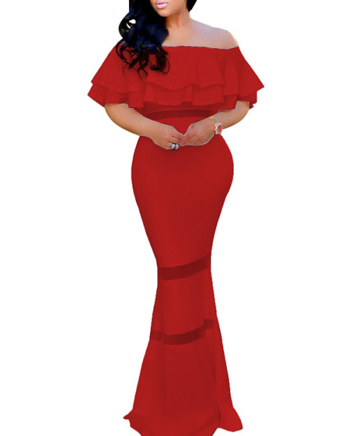 Fashion Dew Shoulder Falbala Design Red Polyester Sheath Floor length Dress Fashion Dew Shoulder Falbala Design Red Polyester Sheath Floor length Dress