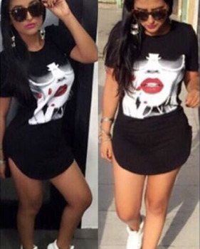 Fashion O Neck Short Sleeves Print Black Polyester A Line Mini Dress Fashion O Neck Short Sleeves Print Black Polyester A Line Mini Dress