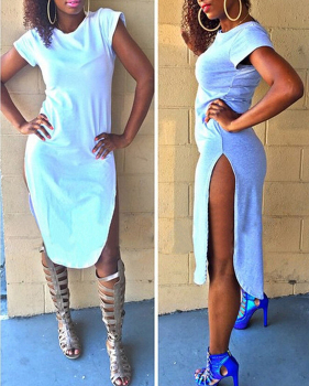 Fashion O Neck Short Sleeves Side Split White Spandex Sheath Knee Length Dress Fashion O Neck Short Sleeves Side Split White Spandex Sheath Knee Length Dress