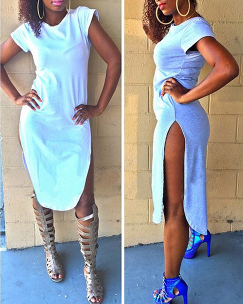 Fashion O Neck Short Sleeves Side Split White Spandex Sheath Knee Length Dress Fashion O Neck Short Sleeves Side Split White Spandex Sheath Knee Length Dress