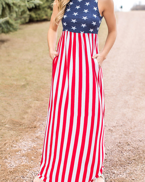 Fashion Round Neck Sleeveless Printed Patchwork Polyester Ankle Length Dress (Independence Day) Fashion Round Neck Sleeveless Printed Patchwork Polyester Ankle Length Dress (Independence Day)