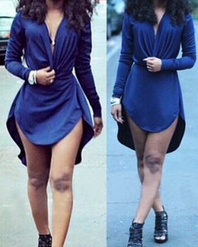 Fashion Sexy V Neck Long Sleeves Blue Polyester Mini Women Dress Fashion Sexy V Neck Long Sleeves Blue Polyester Mini Women Dress