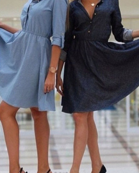 Fashion Turndown Collar Half Sleeves Blue Polyester Knee Length Women Dress Fashion Turndown Collar Half Sleeves Blue Polyester Knee Length Women Dress