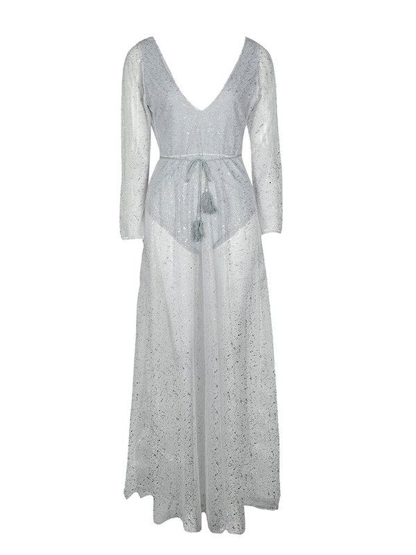 Fashion V Neck  Long Sleeves See-Through Grey Polyester Ankle Length Dress