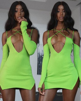 Fluorescent green sexy halter dress cross-border women's long sleeve nightclub V halter slit miniskirt #95104