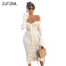 Front Drawstring Sexy Bandage Dresses Women White Slash Neck Long Sleeve Club Party Dress Autumn Winter Off Shoulder Maxi Dress