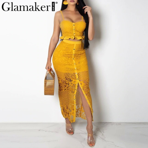 Glamaker Hollow out sexy yellow long dress Women white lace ruffle maxi night dress Bodycon summer red holiday party beach dress