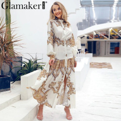 Glamaker White paisley print elegant vintage women dress Sexy boho maxi Summer beach dress holiday split long casual dress festa