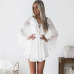 Hollow Out Chiffon Dress Sexy Women Mini Dress Criss Cross Bandage Lace Semi-sheer Plunge V-Neck Long Sleeve Dress Black/White