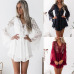 Hollow Out Chiffon Dress Sexy Women Mini Dress Criss Cross Bandage Lace Semi-sheer Plunge V-Neck Long Sleeve Dress Black/White