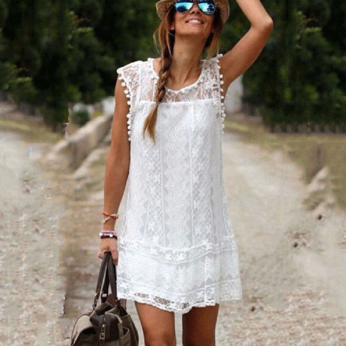 Hot Summer beach Dress Sexy Women Casual Sleeveless Beach Short Dress Tassel Solid White Mini Lace Dress Plus Size Drop Shipping