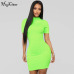 Hugcitar neon green orange solid high neck short sleeve high waist dresses 2019 summer women stretchy casual streetwear party cl