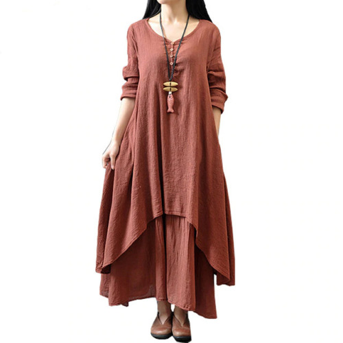 Johnature Cotton Color Women Maxi Dress 2019 Spring New False Two-piece Long Sleeve Round Neck Loose Plus Size Irregular Dress