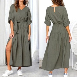 KANCOOLD Dress Women Long Sleeve V Neck Split Solid Sashes fashion Dresses Ladies Casual Loose Maxi dress women 2018AUG3