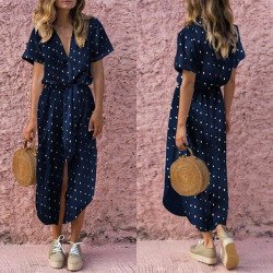 KANCOOLD Dress Womens Sexy Casual Daily Bow Tie V Neck Dot Button Dress Short Sleeve Soild Long Dress women 2018AUG14