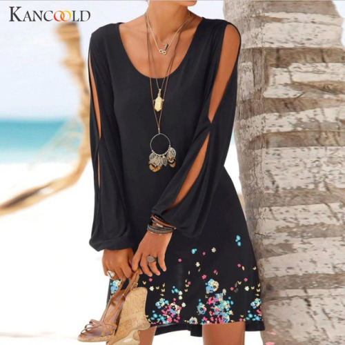 KANCOOLD dress Fashion Women Casual O-Neck Hollow Out Sleeve Print Dress summer Beach Style Mini new dress women 2019mar1