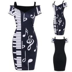 KANCOOLD dress new high quality Music Note Print Strapless V-neck Short Sleeve Dress Camisole Mini dress women AP24