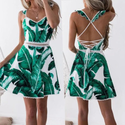 KANCOOLD dress new high quality Summer Lace Leaves Printing Sleeveless Backless Mini Dress Princess dress women AP25