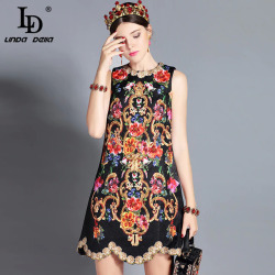 LD LINDA DELLA 2018 Autumn Fashion Runway Dress Women's Sleeveless Tank Retro Crystal Beading Floral Print Mini Vintage Dress