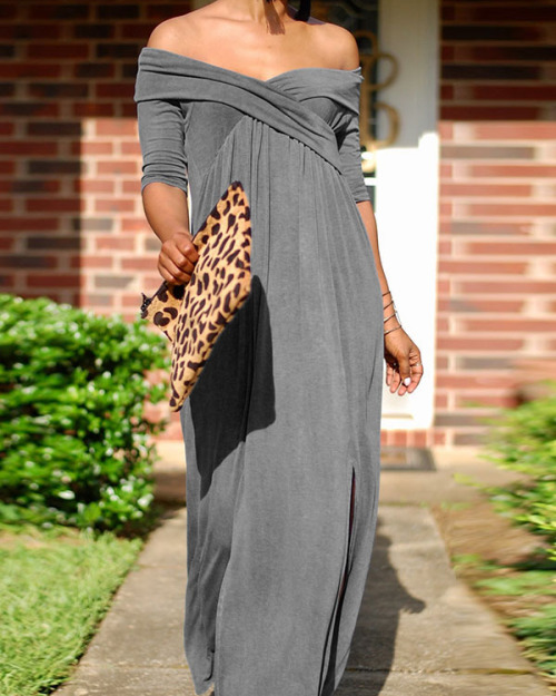 Leisure Dew Shoulder Grey Cotton Blend Ankle Length Dress Leisure Dew Shoulder Grey Cotton Blend Ankle Length Dress