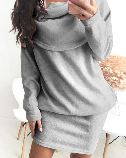 Leisure Heaps Collar Long Sleeves Grey Cotton Blend Mini Dress Leisure Heaps Collar Long Sleeves Grey Cotton Blend Mini Dress