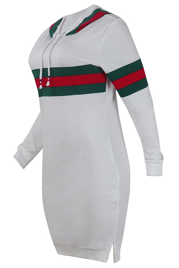 Leisure Hooded Collar Striped Patchwork White Cotton Blend Knee Length Dress