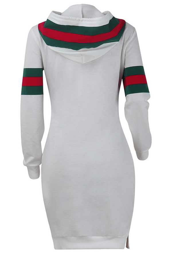 Leisure Hooded Collar Striped Patchwork White Cotton Blend Knee Length Dress