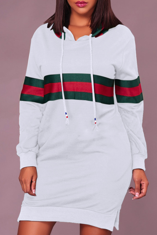 Leisure Hooded Collar Striped Patchwork White Cotton Blend Knee Length Dress
