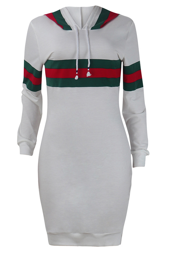 Leisure Hooded Collar Striped Patchwork White Cotton Blend Knee Length Dress