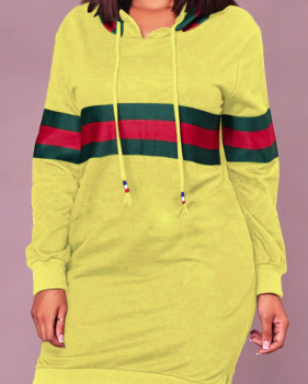 Leisure Hooded Collar Striped Patchwork Yellow Cotton Blend Knee Length Dress